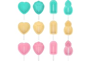 OBCARN 12 Piezas Moldes Helados Silicona,Moldes de Helados Rosa Amarillo Verde,Moldes para Polos con Palo,Reutilizable Moldes para Helados,Poleras Helado Silicona en Forma de Óvalo Corazón Fresa y Piña