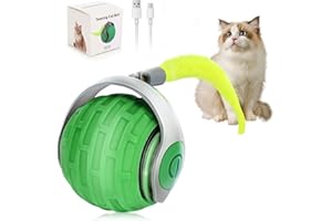 Pavlleen Katzenspielzeug Elektrisch Katzenball mit LED Licht, Interaktives Katzenspielzeug Ball, USB Wiederaufladbarer, 360° mit Ersatzschwanz Selbstdrehender, Lustiges Bälle Spielzeug (Grün)