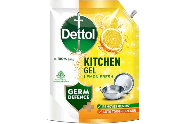 Dettol Dishwash liquid and Kitchen Gel Cuts Tough Grease Remove germs Lemon Fragrance 1500ml (Refill Pack)