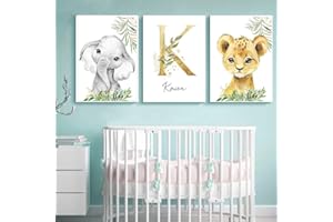YOUIHOM 3 Poster Personalizzato Quadro Nome Bambino Stampe Animali Giungla Elefante Leone Camera Decorazione da Parete Regalo 30 x 40 cm senza Cornice