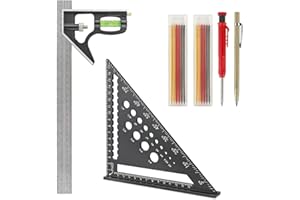 VONLUX Kit di Squadra da Falegname, Squadra Metallo 180mm + Squadra Combinata 300mm + Matita da Carpentiere con 12 Ricariche + Carburo di Tungsteno Scribe - Squadrette da Carpentieri per Misurazione