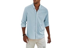 APOONABA Camisa Lino Hombre Manga Larga Color Sólido Shirts Casual Algodón Camisetas Elegante Coton Camisas con Botónes Regular Fit