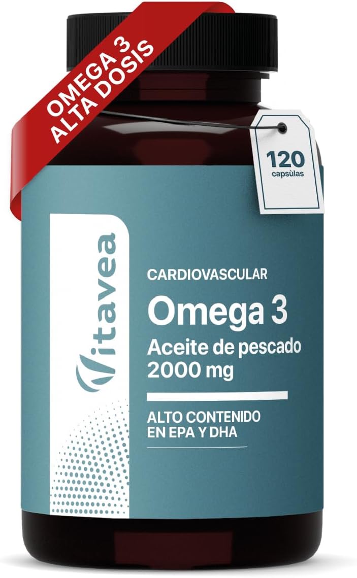 Omega 3 2000 mg Aceite de Pescado Puro – 120 Cápsulas (4 Meses) – 1000 mg EPA + 500 mg DHA – Alta Concentración – Salud Cardiovascular, Cerebral y Visual – Vitavea