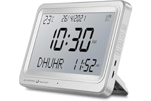 AL SALAMA Azan Clock, Automatic Worldwide Digital 8 Azan Prayer Sounds Muslim Prayer Clock for USA Home Decor (White)