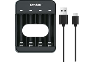 BEVIGOR 4-slot AA AAA Battery Charger with LED Display, Type C Quick Charging, Independent Slot for Ni-MH Ni-CD Rechargeable Batteries