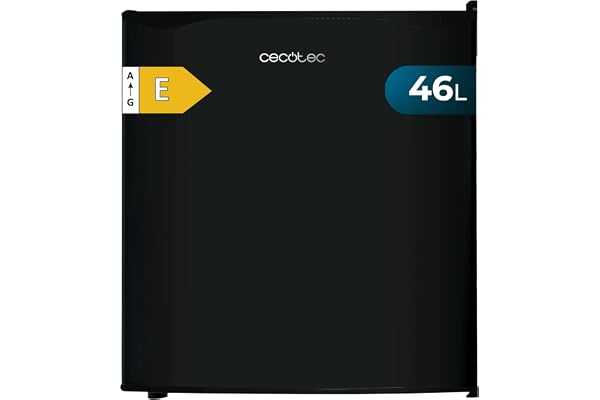 Cecotec Mini Frigo GrandCooler 20000 SilentCompress Black E. Grand volume de 46 L, porte réversible et petit congélateur. Design noir compact et écoénergétique.