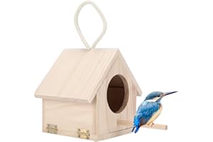 Tissting Casetta per Uccelli da Esterno, Rifugio Invernale in Legno Naturale con Tetto Appeso, Cottage di Campagna per Piccoli Uccelli, Decorazione da Giardino All'Aperto