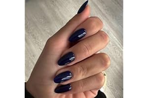 KQueenest Dark Navy Blue Press on Nails Short Oval, Short False Nails Almond, Glossy Solid Cobalt Blue Fake Nails Set, Reusable Natural Gel Stick on Nail for Women Finger Daily Wear 24 Pcs