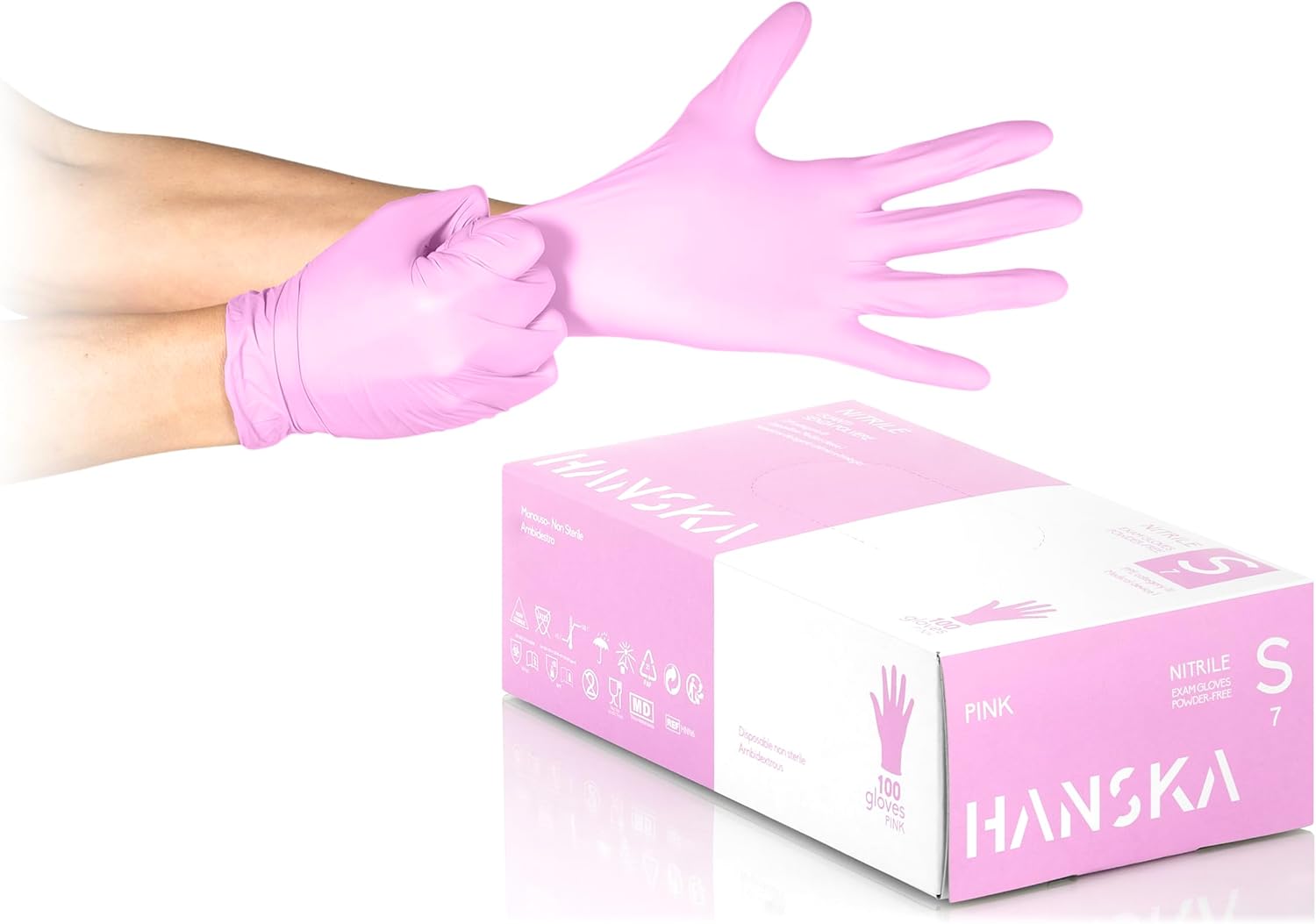 HANSKA Lot de 100 gants jetables nitriles roses – sans poudre – jetables – non stériles – Base en caoutchouc – Convient pour les milieux médicaux, la manipulation des aliments (100, S)