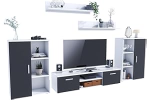 ‎MATKAM MATKAM Wohnwand Herkules II, Schrankwand Wohnzimmer Modern, Wohnzimmerschrank mit Fernsehtisch, Sideboard und Wandregal Wohnzimmer Komplett Möbel (Weiß/Schwarz)