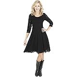 Black Dress Knee Length Midi 3/4 Sleeve Lace Skater Style Jersey Day Casual Scoop Neck Dress