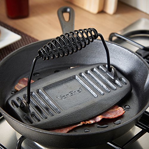 VonShef schwarze, bereits eingebrannte, flache und gusseiserne Fleischpresse 8” X 5” - 5