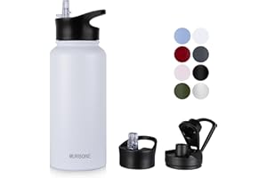 MURBONE Insulated Water Bottle, 1L Stainless Steel Drink Flask with Straw, BPA Free, 2 Lids (Straw Lid and Spout Lid), Leakproof Double Walled Vacuum Water Bottle, White