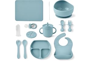 BABYMANA 14 Piece Silicone Baby Led Weaning Set: Complete Toddler Self-Feeding Essentials Kit - Placemat, Suction Plate, Bowl, Bib, Cup, Cutlery, 2-in-1 Pacifier & Teether, Toothbrush | 6 Months+ (Dusty Blue)