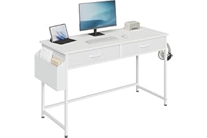 Klihome Biurko z 2 szufladami, 120 x 48 cm, białe biurko z pojemnikiem, stół biurkowy, 2 szuflady, metalowa rama, do sypialni