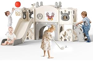 MINENICE Kinderrutsche, Kleinkindrutsche mit Weihnachtselchmotiv Kleinkinderrutsche mit Golfset, Babyrutsche, Spielplatzgerät, für den Innen- und Außenbereich freistehend Babyrutsche (Beige Grau -7IN1-ML)