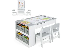 ‎COSTWAY COSTWAY Kindertisch mit 2 Stühlen, 3 in 1 Aktivitätstisch & Staffelei Holz mit anhebbarer Tischplatte, Farbbechern, 6 Stoffbehältern & Papierrolle, Kindersitzgruppe für ab 3 Jahren, 109x60x55cm, Grau