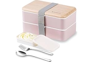 Binoster oryginalny pojemnik na żywność bento, lunchbox, w stylu japońskim, z taśmą i podziałką, łyżka i widelec ze stali nierdzewnej, kolor różowy