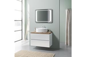 Kiamami Valentina - Mobile bagno sospeso 80cm bianco lucido con top rovere, lavabo e specchio led 80x60