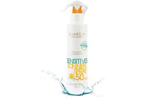 Jean & Len Sensitive Sun Spray 50 SPF resistente al agua, apto para pieles sensibles, sin siliconas, octocrileno, fragancias ni microplásticos, vegano, frasco pulverizador 250 ml