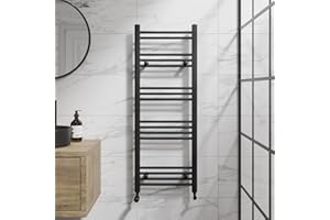 DuraTherm® 1200 x 450mm Flat Straight Heated Towel Rail Radiator Modern Central Heating Bathroom Warmer Wall Mounted Ladder Rad, Matt Black