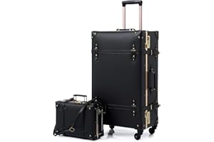 urecity Retro Luggage Set – 2-Piece Handmade Trolley Suitcase Set for Women, Vintage Leather 4-Wheel Travel Luggage, Fashionable and Durable (Black, S(12")+L(26"))