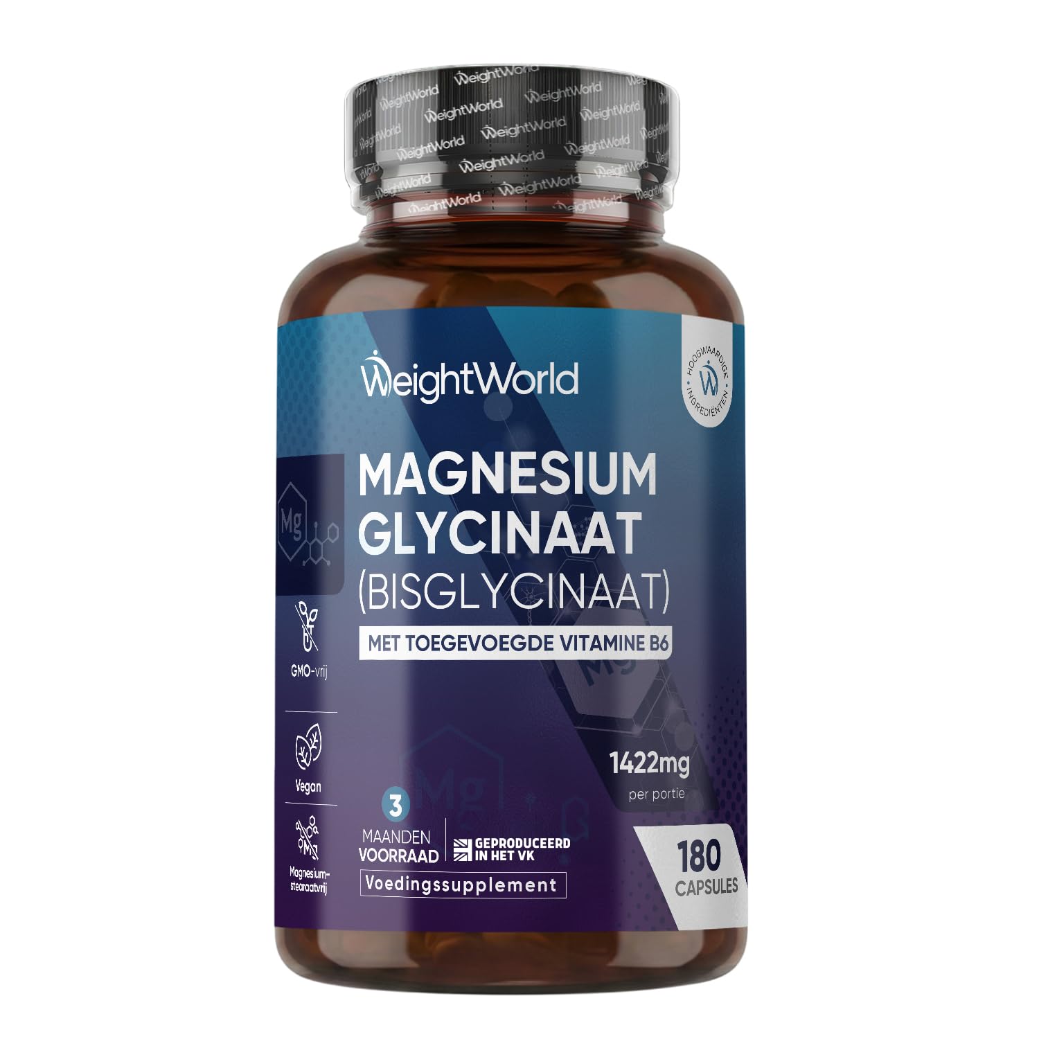 Magnesium Bisglycinaat (Glycinaat) capsules - 1422 mg - Levert 200 mg Elementair Magnesium - Met Vitamine B6-180 capsules voor 3 maanden voorraad - Gemaakt in de EU - Vegan - Van WeightWorld | 200 mg elementeerd magnesium, met vitamine B6, 180 veganistische capsules, 3 maanden voorraad, vrij van magnesiumstearaat