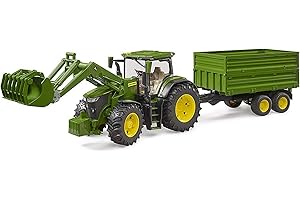 bruder 03155 - John Deere 7R 350 con caricatore frontale e rimorchio da trasporto ad asse tandem, trattore, rimorchio