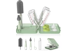 YOTIME Reise Flaschenbürsten Set mit Faltbarer Flaschenhalter, Selbstöffnender Halterung & Vertikalen Bürstenhaltern, 3 Bürsten + Spender, Reise Babyzubehör für Unterwegs, Hellgrün