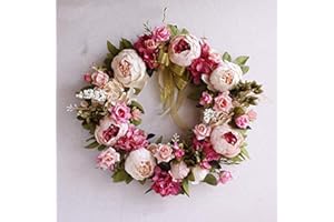 AILINDA Peony Wreath Rose Floral Twig Wreath 14-16 Inch Handmade Vintage Artificial Flowers Garland Front Door Wreath Beautiful Silk For Spring And Summer Wreath Display (Pink)