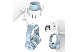 Obrotowy Wieszak na Słuchawki KDD - 3 w 1 Pod Biurkiem, Uchwyt na Kontroler, Wymienny Uchwyt na Kubek - Kompatybilny z Uniwersalnym Zestawem Słuchawkowym, Kontrolerem, Kubkiem (Biały)