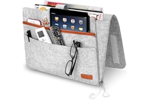 SIMBOOM Sac de Chevet, Poche de Rangement Organisateur pour Lit Sac à Accrocher en Tissu pour télécommande, Tablette, Câble de Recharg, Magazine, Lunettes, Stylo - Gris Clair