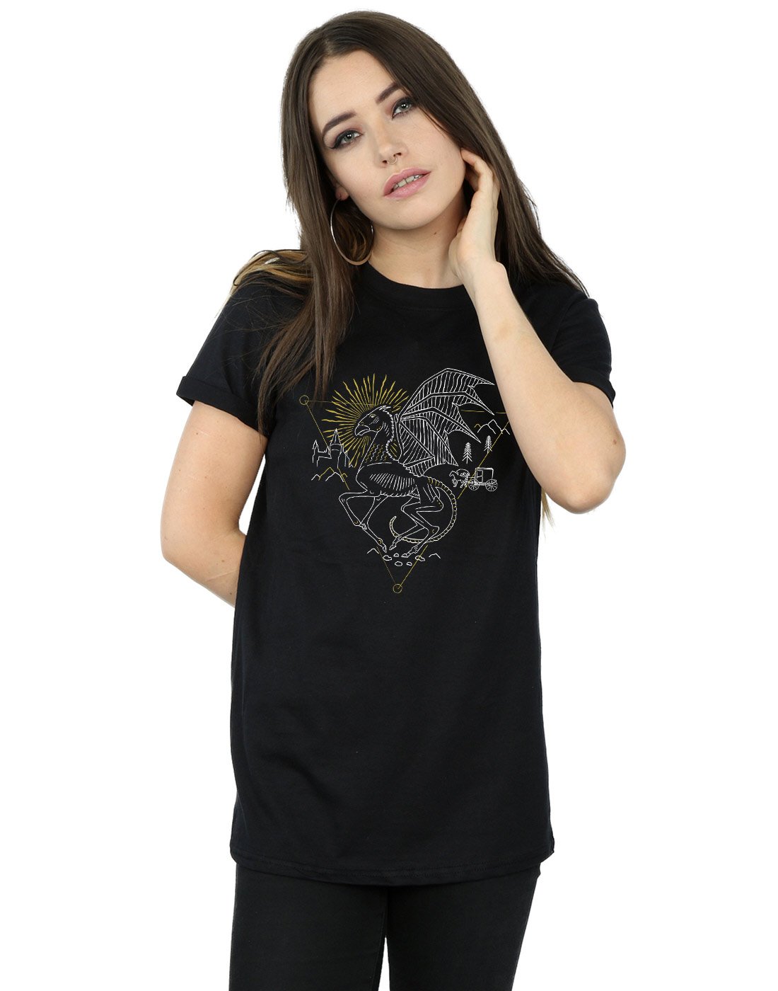 Harry-Potter-Damen-Thestral-Line-Art-Boyfriend-Fit-T-Shirt-Schwarz-Medium