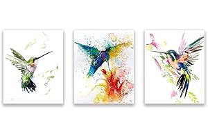 KAIRNE Lot de 3 Abstrait Affiche Aquarelle Oiseau–Colibri Et Fleurs Impressions D'art–Colorés Animaux –Moderne Toile Mur Peinture Décor Pour Chambre Salon Salle De Bains–Sans Cadre,20*25cm