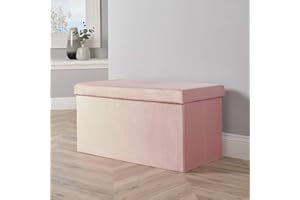 Home Source Large Folding Ottoman Velvet Fabric Storage Chest, Blush Pink, Rectangle