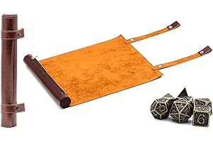 World of Dice Würfelmatte für Pen and Paper - aus Kunstleder, zum Rollen, mit Aufbewahrung für polyedrische Würfel, ideal für DND, DSA, UVM. (rotbraun rustikal, mit Würfel)