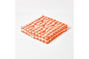 HOMESCAPES Orange and White Gingham Floor Cushion Block Check Pattern 100% Cotton Cushion Pad 40 x 40 x 8cm Square Outdoor Garden Cushion or Indoor Dining Chair Booster Seat