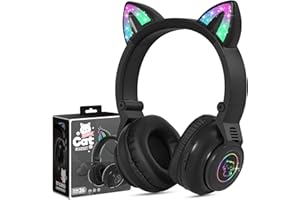 JYPS Bezprzewodowe słuchawki dla dzieci, podświetlane, kocie ucho, Bluetooth, nauszne, dla dzieci, składane słuchawki z mikrofonem, do tabletu Amazon Fire, laptopa, iPada (czarne)