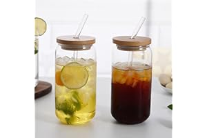 2 ensemble Verres à bière,URMAGIC 470/550ml Tasses en verre en forme de boîte avec couvercle en bambou et pailles, verres à boire, verres à bière, tasses en verre transparent, verres à eau