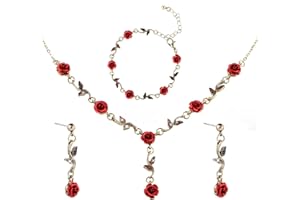 DIVINA VITAE 3 Pièces Bijoux Rose Rouge Collier Pendentif Rose Bracelet et Boucles Oreilles, Ensemble de Bijoux Femme Fille Mariage Bal Rose Collier Saint Valentin Fête D'anniversaire Collier Rouge