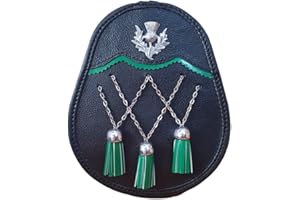 SKMAXO Sporran Jacobite en cuir noir – 100 % fourrure de vache avec chaîne Zik Zik Zak en laiton argenté et 3 pompons verts – Pochette pour robe Highland écossaise – Comprend une ceinture réglable en cuir et