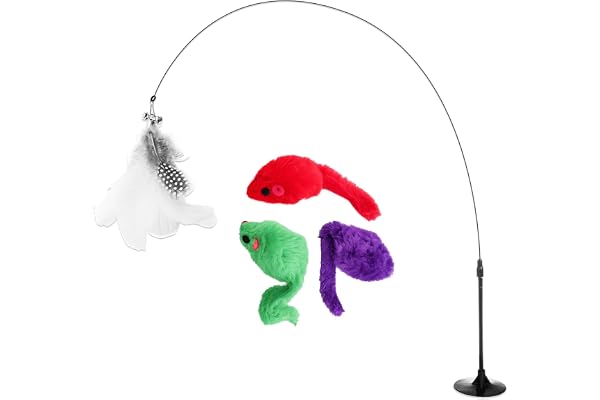 Fancy Pets Set med Kattleksaker – 3 Leksaksmöss och Fjäderleksak med Sugkopp, Interaktiva Kattleksaker för Inomhuskatter, Per