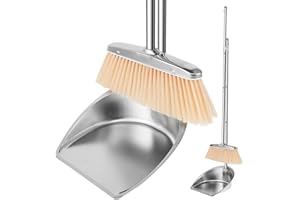 CIVG Balai et Pelle Long Manche,Aciers Inoxydables Balai et Pelle à Poussière,Pelle et Balayette Long Manche 118cm,Robustesse Pelle Balayette Manche Long,Balai Pelle pour Propre(Rond)