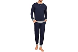 Leversic Pijamas Hombre Invierno Camisa Henley de Manga Larga Ropa de Dormir Sencilla en Color Liso Top y Pantalones Largos de Lounge con Bolsillos