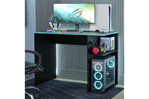 Madesa Gaming Computer Desk 39 Inch with 2 Shelves and Headphone Hanger Wooden Sturdy Home Office Table for Kids and Adults - Black/Blue