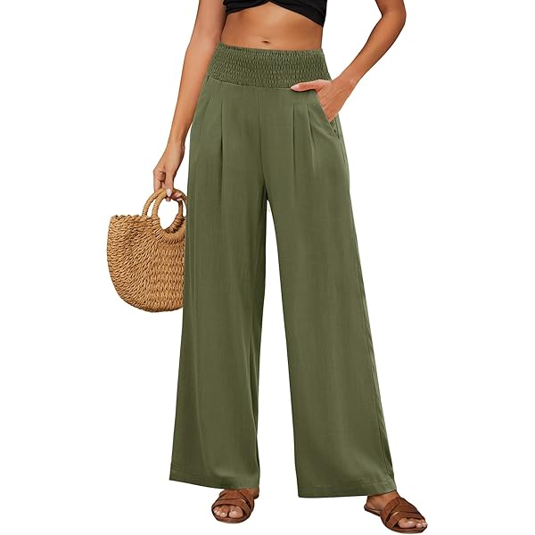 Niwicee Palazzo linnen damesbroek met hoge taille, elastisch, casual, solide, losse rechte pijpen, brede pijpen, lichte zomerbroek met zakken, Groen, S