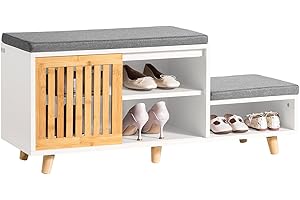 ‎SOBUY SoBuy FSR125-WN szafka na buty z 2 siedziskami i 1 drzwiami przesuwnymi, ławka do siedzenia z miejscem do przechowywania, szafka na buty, komoda do siedzenia dla dzieci, regał na buty, szer. x wys. x