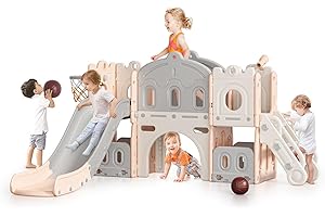 Lischwert Kids Slide 7 in 1 Toddler Slide Freestanding with Basketball Hoop, Climber, Slide and Storage Space, Craml Tunnel, Corridor, Telescope Toddler Outdoor for Toddlers (Pink Grey)
