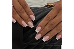 ZOSPPEI 24 Pièces Presse française blanche sur les ongles,Faux ongles roses brillants carrés faux ongles couverture complète bâton sur les ongles pour les femmes et les filles vêtements quotidiens