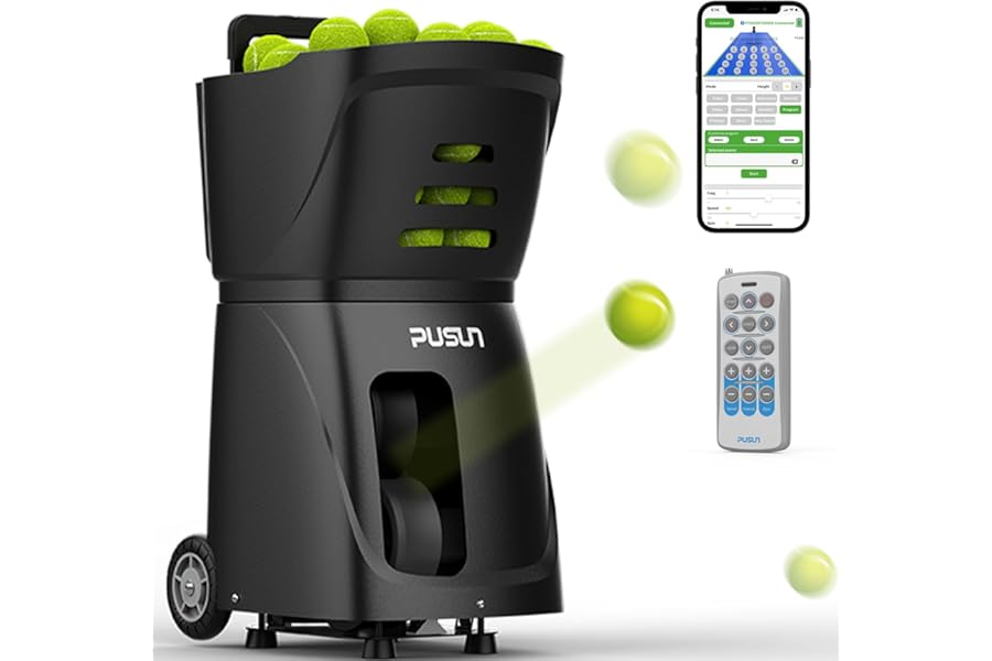 PUSUN Tennis Ball Machine, Tennis Ball Launcher with External Battery, Dual-control via App&Remote, 100+Ball Capacity,Multiple Training Mode Self-program, 4-6hrs Battery Life(Work with Padel Tennis)